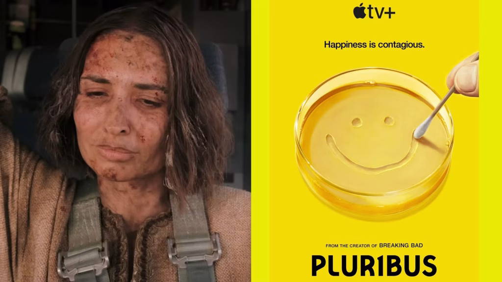 A split promotional image for Pluribus shows an injured woman on the left and a bright yellow poster with a smiley face in a petri dish on the right.