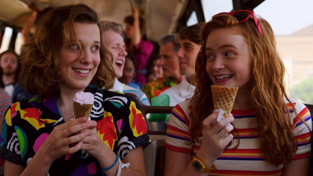 Milly Bobby Brown and Sadie Sink in a scene from Stranger Things (Netflix)