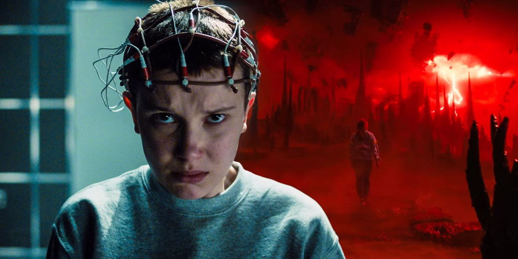 Eleven stares ahead while wearing a headpiece, with a red Upside Down landscape behind her in a scene from Stranger Things Season 4.