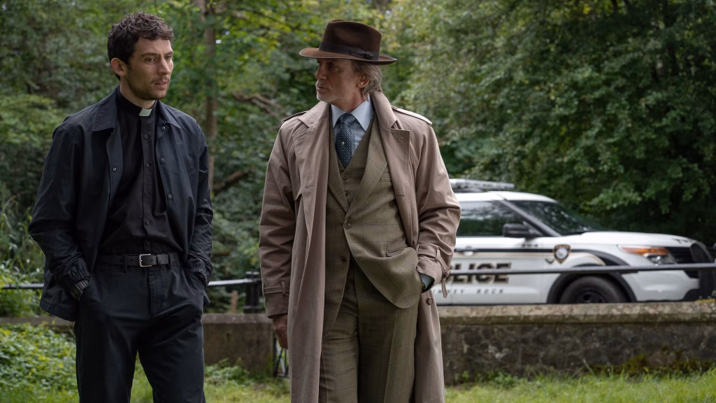 Daniel Craig and Josh O’Connor appear in a scene from Wake Up Dead Man: A Knives Out Mystery, hinting at the film’s moral tension.