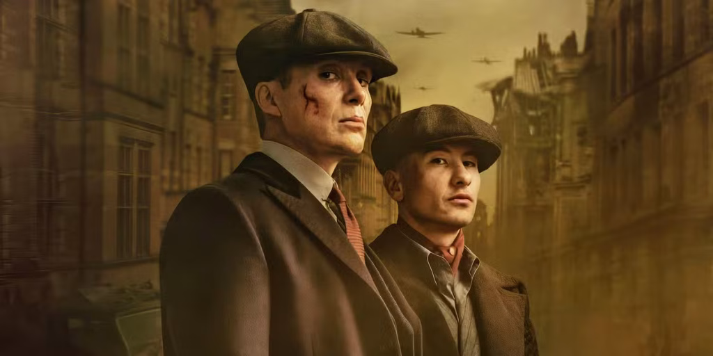 A dark promotional image from Peaky Blinders: The Immortal Man shows key characters in period clothing standing together with a tense, serious mood.
