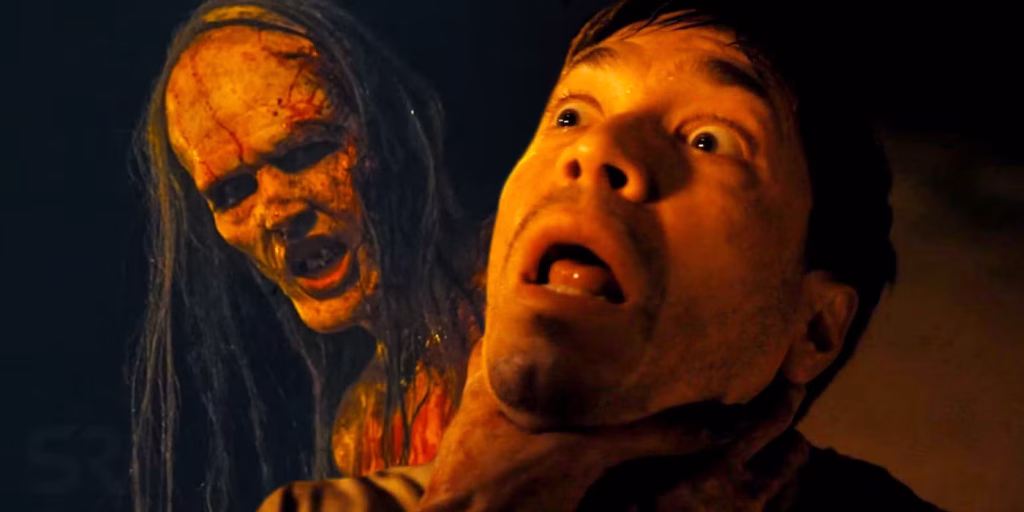 The Mother grabs AJ by the throat in a dark scene from Barbarian.