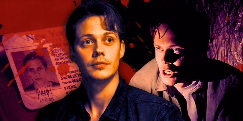 Bill Skarsgård appears in a stylized Barbarian collage with a shadowy horror scene behind him.