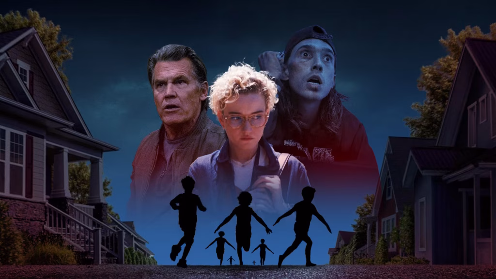Weapons characters appear above silhouetted children running through a dark suburban street.
