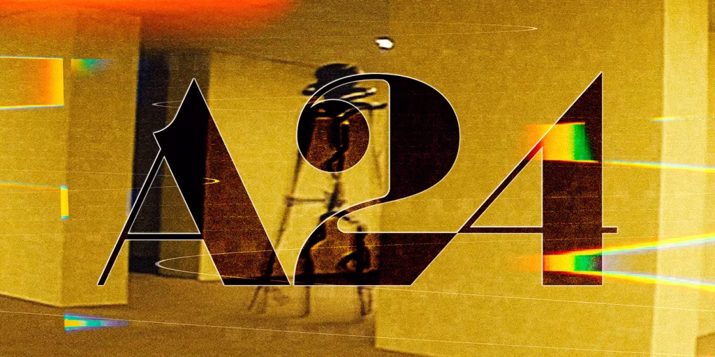 A24 logo over a shadowy figure standing inside a yellow Backrooms room.