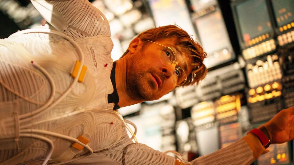 Ryan Gosling as Ryland Grace floats inside a spacecraft in Project Hail Mary.